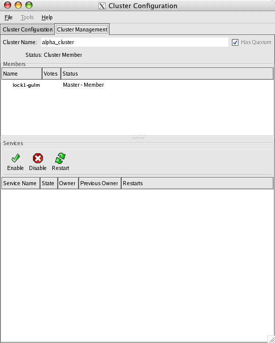 Cluster Configuration window: Cluster Management