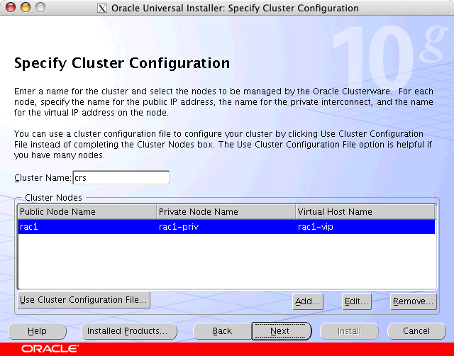 Oracle Universal Installer: Specify Cluster Configuration window